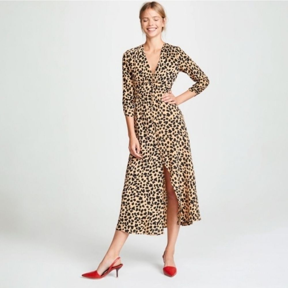 RIXO London Katie 100% Silk Crepe Button Front Leopard Animal Print Midi Dress S